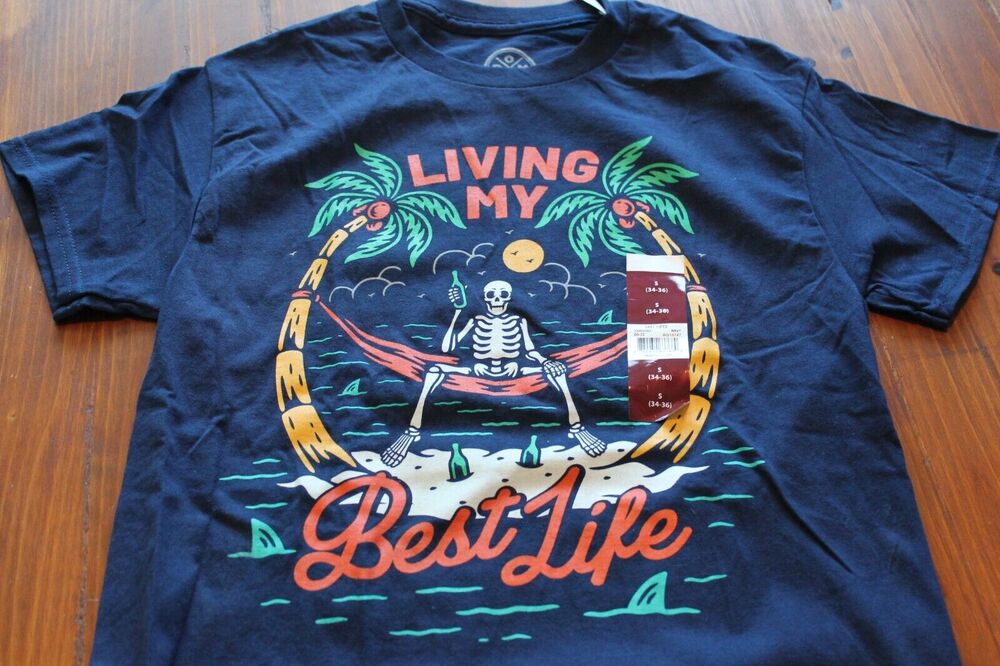 DOM Good Vibes-Living My Best Life T-shirt Skeleton Island Men's Small Blue NWT
